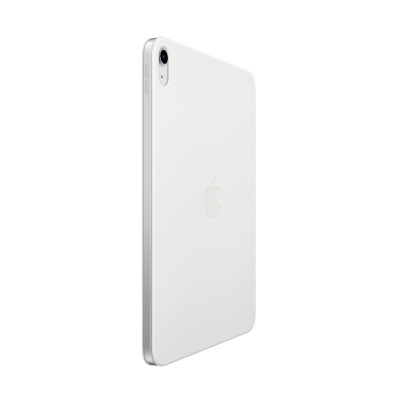 Białe etui Apple Smart Folio do iPada 10. generacji, widok z profilu na tylną część obudowy z wycięciem na aparat i wytłoczonym logo Apple na środku.