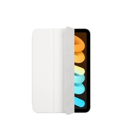 Białe etui Apple Smart Folio do iPad mini 6 częściowo odsłaniające ekran tabletu z kolorową, abstrakcyjną grafiką na wyświetlaczu, widok z przodu.