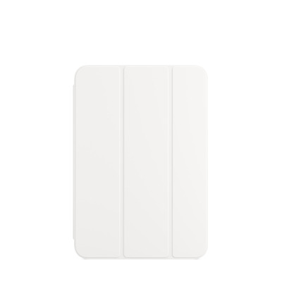 Białe etui Apple Smart Folio do iPad mini 6 w widoku od frontu, prezentujące minimalistyczną, składaną konstrukcję z trzema pionowymi panelami ochronnymi.