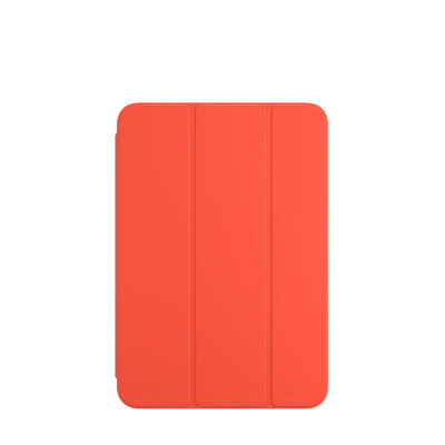 Pomarańczowe etui Apple Smart Folio do iPad Mini 6, widok na przednią część składanej okładki z charakterystycznymi pionowymi liniami zgięcia.