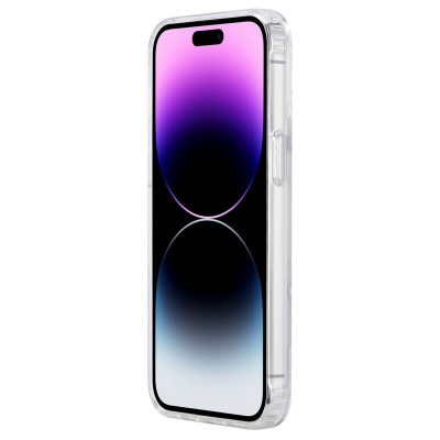 Przezroczyste etui eSTUFF BERLIN z MagSafe założone na iPhone 15 Pro, widok z boku prezentujący precyzyjne wycięcia na przyciski oraz profil urządzenia.