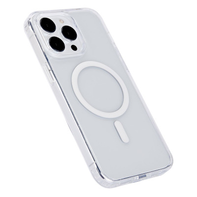Przezroczyste etui eSTUFF BERLIN z MagSafe do iPhone 15 Pro, ukazujące tylny panel z widoczną wyspą aparatów oraz charakterystycznym magnetycznym pierścieniem.