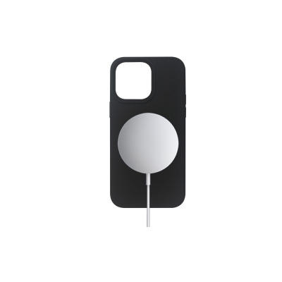 Czarne etui eSTUFF DUBLIN do iPhone 14 Pro Max z wycięciem na wyspę aparatów, na którym umieszczono okrągłą, białą ładowarkę MagSafe z białym przewodem.