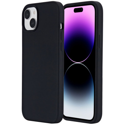Czarne etui silikonowe eSTUFF Infinite Riga do iPhone 15 Plus, prezentujące tył z wycięciem na aparat oraz przód z widocznym ekranem telefonu.