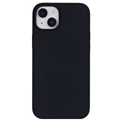 Czarne silikonowe etui eSTUFF INFINITE RIGA do iPhone 15 Plus, widok na tył obudowy z precyzyjnie wyciętym otworem na wyspę aparatów i obiektywy.