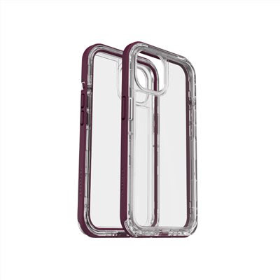 Przezroczyste etui LifeProof SEE do iPhone 13 z fioletową ramką, ukazujące wycięcie na wyspę aparatów oraz przyciski boczne w widoku izometrycznym.