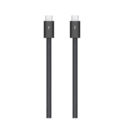 Czarny kabel Apple Thunderbolt 4 Pro ze złączami USB-C o długości 3 m, zwinięty w okrąg, z widocznymi na wtyczkach charakterystycznymi symbolami błyskawicy.