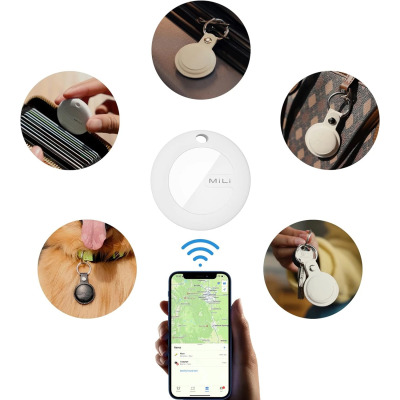 Biały lokalizator MiTag marki Mili kompatybilny z siecią Apple Find My, ukazany w różnych zastosowaniach z kluczami, bagażem, portfelem oraz na mapie telefonu.