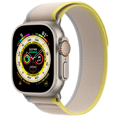 Opaska Trail Loop Apple 49mm M/L w kolorze żółtym do zegarka Apple Watch, ukazująca nylonowy pasek z zapięciem na rzep oraz metalowymi mocowaniami koperty.