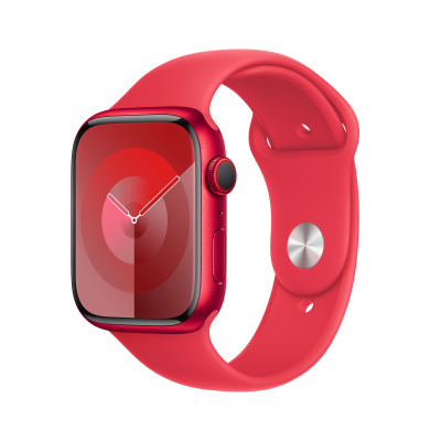 Czerwony silikonowy pasek Apple do zegarka Apple Watch 45mm z widocznym metalowym zapięciem typu pin oraz rzędem otworów do regulacji obwodu na pasku.