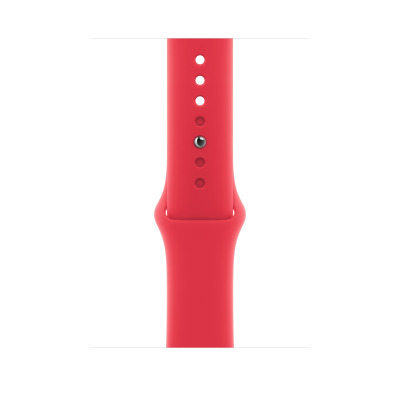 Czerwony silikonowy pasek Apple do zegarka Apple Watch 45mm z widocznym metalowym zapięciem typu pin oraz rzędem otworów do regulacji obwodu na pasku.