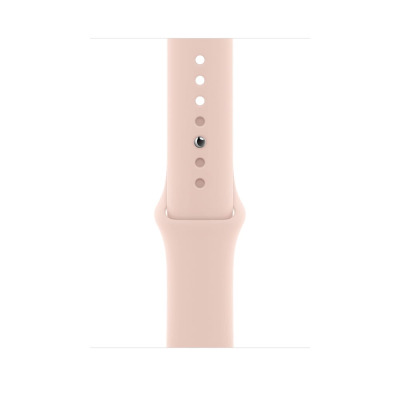 Silikonowy pasek Apple do zegarka Apple Watch 45mm w kolorze piaskowy róż, ukazujący rząd otworów do regulacji zapięcia oraz metalowy pin mocujący.