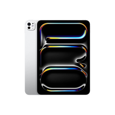 Apple iPad Pro 13 M4 w kolorze srebrnym, widok na tylną obudowę z charakterystyczną wyspą aparatów oraz wyświetlacz z kolorową, abstrakcyjną grafiką.