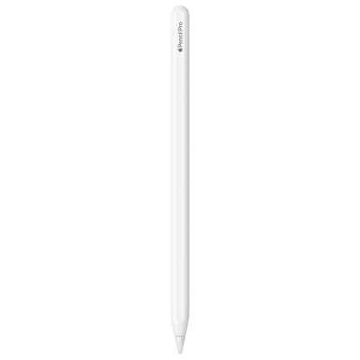 Biały rysik Apple Pencil Pro do iPada z widocznym logo Apple oraz napisem Pencil Pro na korpusie, ujęty w pionowej orientacji na gładkim tle.