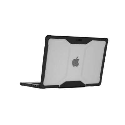 Przezroczyste etui UAG Plyo z czarną ramką na laptopie Apple MacBook Pro 14 cali, widok od strony zewnętrznej obudowy z widocznym logo Apple i wzorem plastra