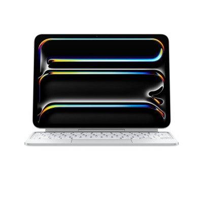 Biała klawiatura Apple Magic Keyboard do iPada Pro 13 cali M4, widoczna od frontu z otwartym tabletem wyświetlającym abstrakcyjną grafikę z kolorowymi liniami.