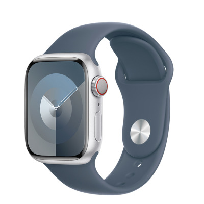 Apple Watch S9 45mm aluminium + Cellular w kolorze srebrnym z paskiem sportowym w kolorze sztormowego błękitu - S/M