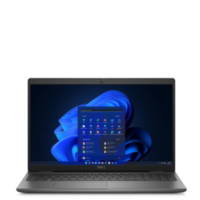 Laptop Dell Latitude 3540 w kolorze ciemnoszarym z otwartą klapą, prezentujący pulpit systemu Windows 11 z widocznym menu start i ikonami aplikacji na ekranie.