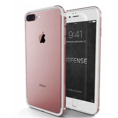 Różowe etui X-Doria Defense Edge do iPhone 7 Plus, ukazujące tył telefonu z podwójnym aparatem oraz przód z napisem Defense i ekranem blokady w tle.