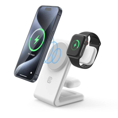 Biała ładowarka indukcyjna Crong MagSpot Pivot Stand 3w1 z telefonem iPhone, zegarkiem Apple Watch i słuchawkami AirPods w trakcie bezprzewodowego ładowania.