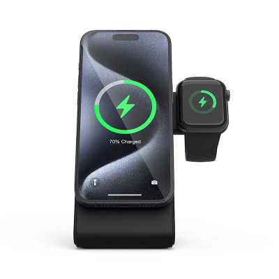 Czarna ładowarka indukcyjna Crong MagSpot Pivot Stand 3w1 z magnetycznym uchwytem ładująca jednocześnie iPhone'a, zegarek Apple Watch oraz słuchawki AirPods.