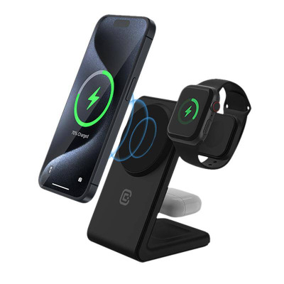 Czarna ładowarka indukcyjna Crong MagSpot Pivot Stand 3w1 z magnetycznym uchwytem ładująca jednocześnie iPhone'a, zegarek Apple Watch oraz słuchawki AirPods.