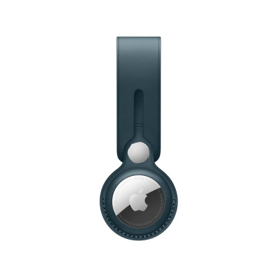 Niebieski pasek Apple do lokalizatora AirTag wykonany ze skóry, z widocznym metalowym zapięciem oraz umieszczonym wewnątrz urządzeniem Apple AirTag.