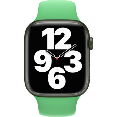Apple Watch z kopertą w kolorze ciemnej zieleni oraz jasnym, silikonowym paskiem Bright Green, wyświetlający tarczę z dużymi cyframi 12, 3, 6 i 9.