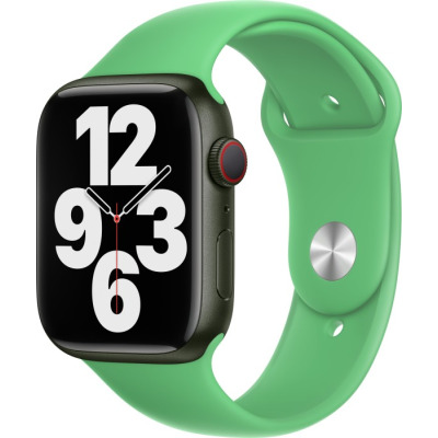 Apple Watch z kopertą w kolorze ciemnej zieleni oraz jasnozielonym silikonowym paskiem 45mm, widoczny z profilu z cyfrową tarczą zegarka pokazującą godzinę.