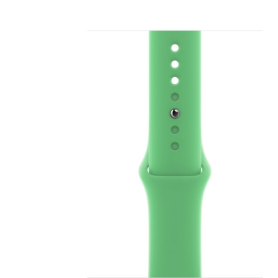 Apple Watch z kopertą w kolorze ciemnej zieleni oraz jasnozielonym silikonowym paskiem 45mm, widoczny z profilu z cyfrową tarczą zegarka pokazującą godzinę.