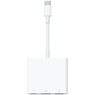 Biała przejściówka z USB-C na cyfrowe AV Apple z kablem zakończonym wtykiem USB-C oraz trzema portami: USB-C, HDMI i USB-A, widok od strony złączy.