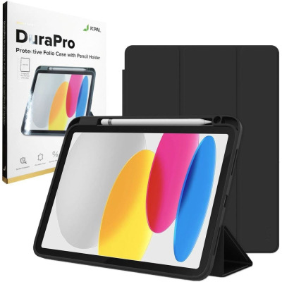 Czarne etui JCPAL DuraPro do iPad 10,9 2022 z miejscem na rysik, widoczne w pozycji stojącej obok opakowania z nazwą produktu i logotypem marki.