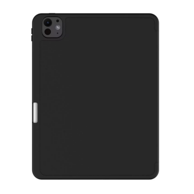 Czarne etui JCPAL DuraPro do iPada Pro 11 5. generacji z magnetycznym uchwytem na rysik Apple Pencil, ustawione w pozycji podstawki na białym tle.
