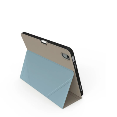 Brązowe etui JCPAL SlimFlex do iPada 10,9 2022, ukazujące widok na tył z wycięciem na aparat oraz przednią klapkę z geometrycznymi liniami składania.