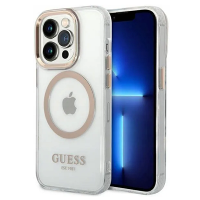 Etui do iPhone 14 Pro Guess Metal Gold MagSafe - przezroczyste