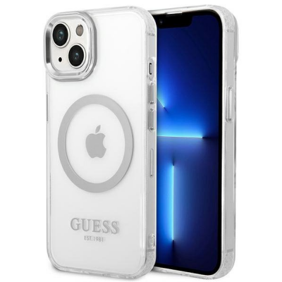 Etui do Apple iPhone 14 Guess Outline Silver MagSafe przezroczyste luxury