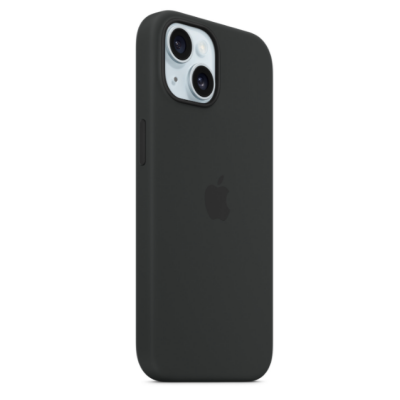 Czarne silikonowe etui Apple do iPhone 15 Plus z widoczną wyspą aparatów, logo producenta na pleckach oraz precyzyjnymi wycięciami na przyciski boczne.