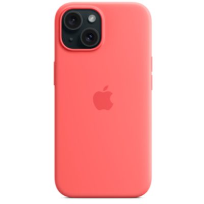 Różowe etui silikonowe Apple do iPhone 15 Plus z wycięciem na wyspę aparatów, widok na tylną część obudowy z wyśrodkowanym logo nadgryzionego jabłka.