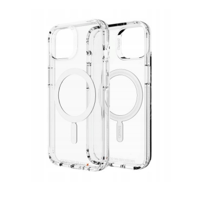 Przezroczyste etui Gear4 Crystal Palace Snap z wbudowanym pierścieniem MagSafe do iPhone 13, ukazujące profil oraz wycięcie na wyspę aparatów.