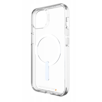 Przezroczyste etui Gear4 Crystal Palace Snap z MagSafe do iPhone 13, widok z boku na wyspę aparatów i przyciski, z widocznym napisem Protected by D3O.