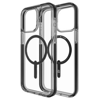 Czarne etui Gear4 Santa Cruz Snap do iPhone 15 Pro Max z przezroczystymi pleckami, pierścieniem MagSafe oraz logotypem ZAGG i napisem PROTECT BETTER.