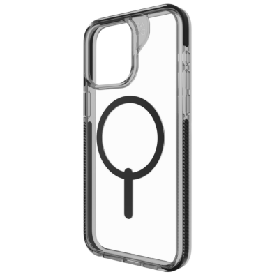 Przezroczyste etui Gear4 Santa Cruz Snap z czarną ramką do iPhone 15 Pro Max, widoczny pierścień magnetyczny MagSafe oraz logo ZAGG przy wyspie aparatów.