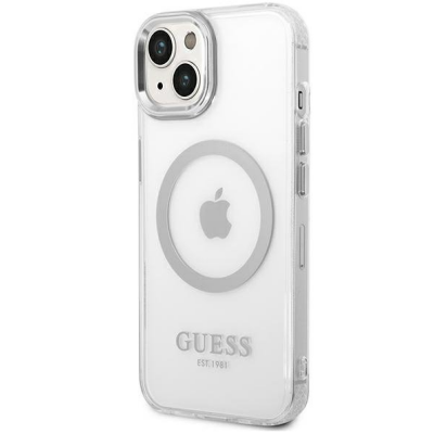 Przezroczyste etui Guess Outline z magnetycznym pierścieniem MagSafe do iPhone 14, ukazujące srebrne logo marki oraz wycięcie na wyspę aparatów.