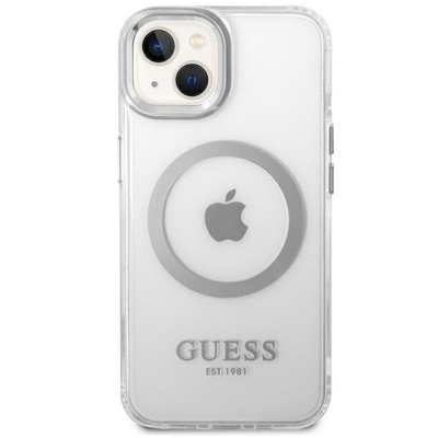 Przezroczyste etui Guess Outline z magnetycznym pierścieniem MagSafe do iPhone 14, ukazujące srebrne logo marki oraz wycięcie na wyspę aparatów.