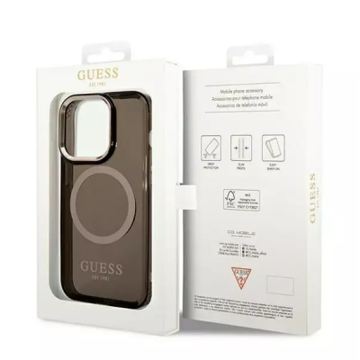 Czarne etui Guess Gold Outline z MagSafe do iPhone 14 Pro w białym opakowaniu, widoczny tył pokrowca z wycięciem na aparat oraz tył pudełka z opisem.