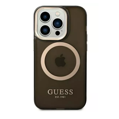 Czarne etui Guess Gold Outline z MagSafe do iPhone 14 Pro, prezentujące złotą ramkę wokół wyspy aparatów oraz logo marki nad napisem EST. 1981 na pleckach.