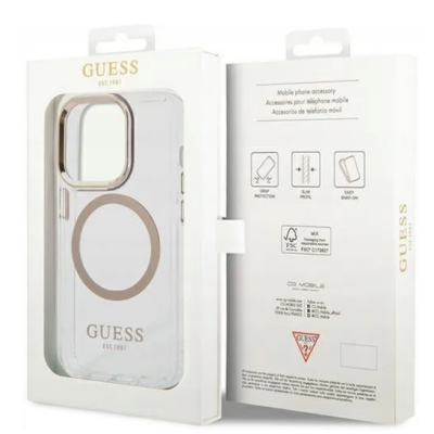 Przezroczyste etui Guess z logo i złotym pierścieniem MagSafe do iPhone 14 Pro w białym opakowaniu z informacjami o ochronie i łatwym montażu.