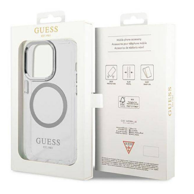 Przezroczyste etui Guess Outline Silver MagSafe do iPhone 14 Pro w białym opakowaniu z widocznym logo marki, wycięciem na aparat i magnetycznym pierścieniem.