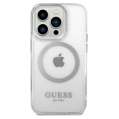 Przezroczyste etui Guess Outline MagSafe do iPhone 14 Pro z widocznym srebrnym pierścieniem magnetycznym oraz logotypem marki na dolnej części obudowy.