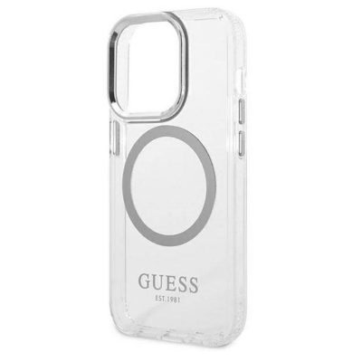 Przezroczyste etui Guess do iPhone 14 Pro z srebrną ramką wokół aparatu i magnetycznym pierścieniem MagSafe, widoczne z napisem GUESS EST. 1981 na dole.